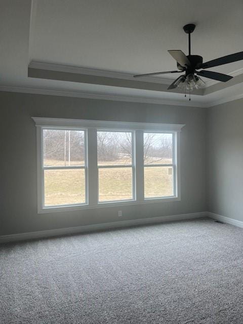 carpeted spare room with crown molding, ceiling fan, and a raised ceiling