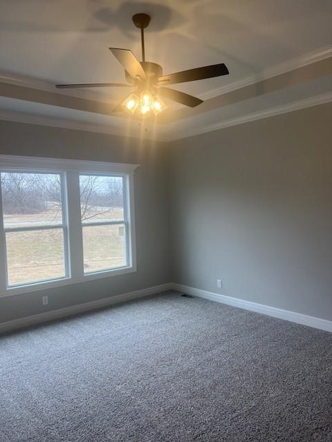 carpeted empty room with ceiling fan and ornamental molding