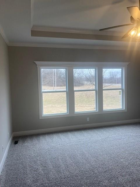 carpeted spare room featuring ceiling fan and ornamental molding