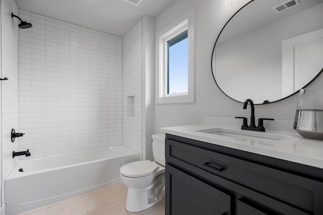 full bathroom featuring vanity, tiled shower / bath combo, toilet, and tile patterned floors