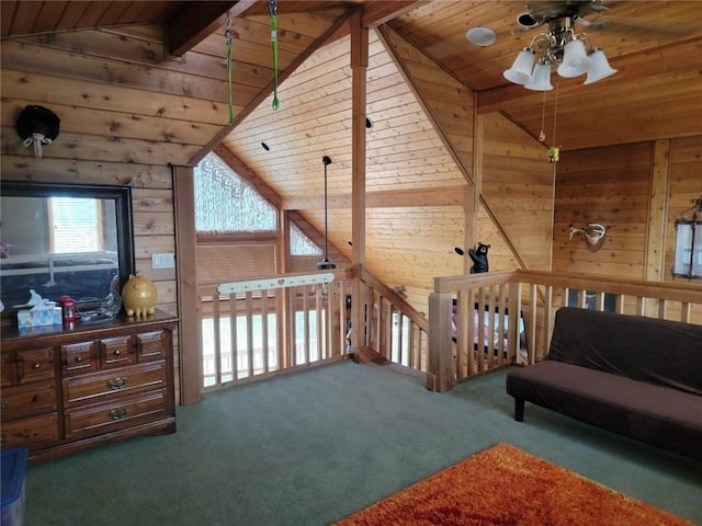 interior space with wooden ceiling, carpet, and wood walls