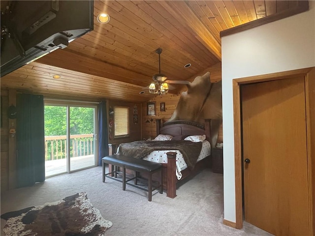 bedroom with light carpet, wooden ceiling, access to exterior, wooden walls, and lofted ceiling