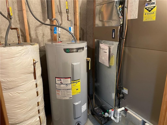 utility room featuring electric water heater, heating unit, and water heater