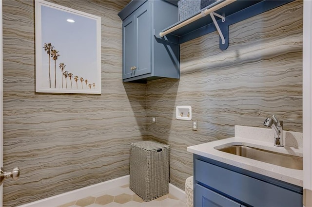 bathroom featuring vanity, tile walls, and tile patterned flooring