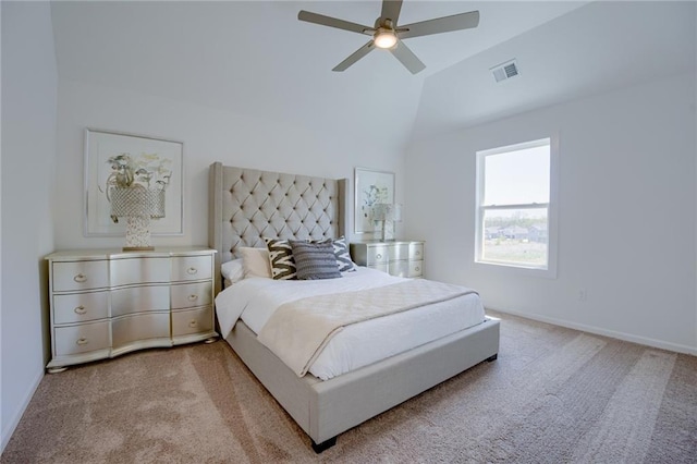 bedroom with high vaulted ceiling, carpet floors, and ceiling fan