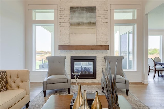 living room featuring a fireplace, wood-type flooring, and a healthy amount of sunlight