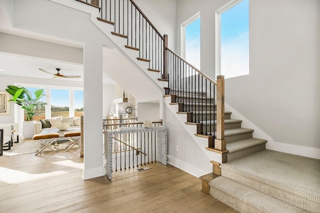 stairway featuring plenty of natural light and wood-type flooring