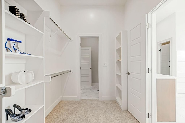 spacious closet featuring light colored carpet