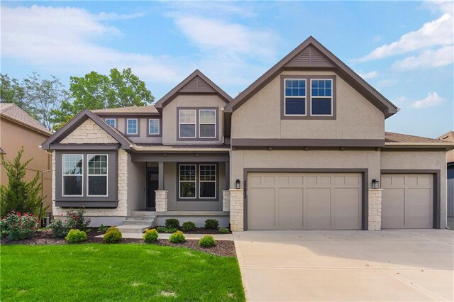 25025 W 92nd St, Lenexa, KS 66227 - craftsman-style house with a front yard, stone siding, stucco siding, and concrete driveway