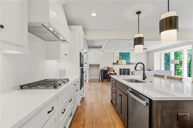 25025 W 92nd St, Lenexa, KS 66227 - kitchen featuring a sink, stainless steel appliances, light countertops, premium range hood, and backsplash