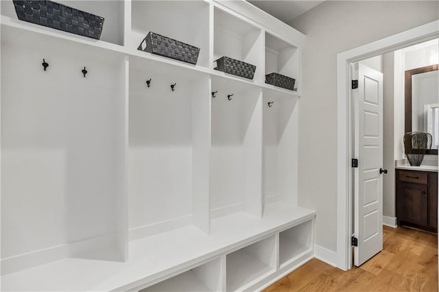 mudroom with light hardwood / wood-style floors