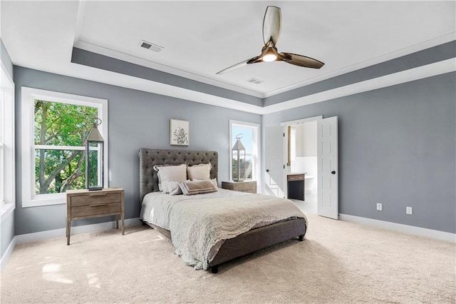 25025 W 92nd St, Lenexa, KS 66227 - bedroom with a tray ceiling, visible vents, light carpet, baseboards, and multiple windows