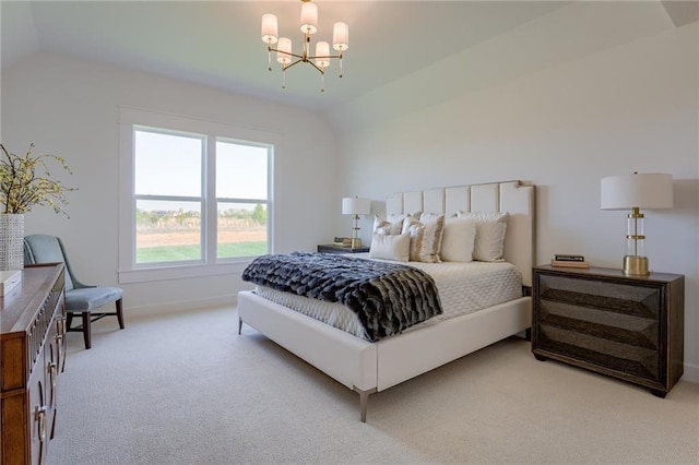 bedroom with light carpet, lofted ceiling, and an inviting chandelier