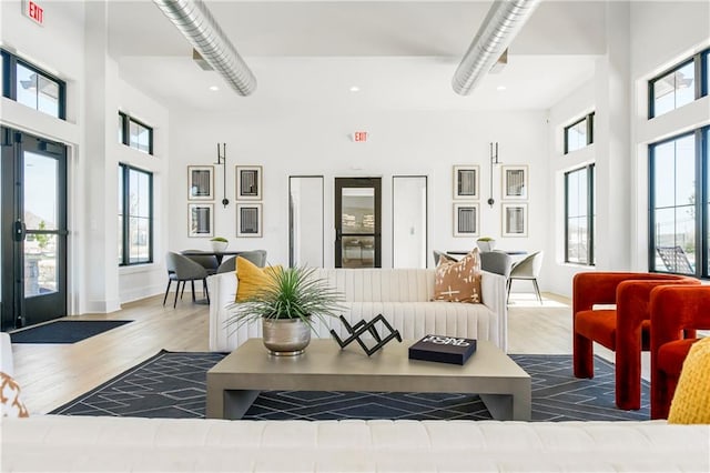 living room featuring a towering ceiling and hardwood / wood-style floors