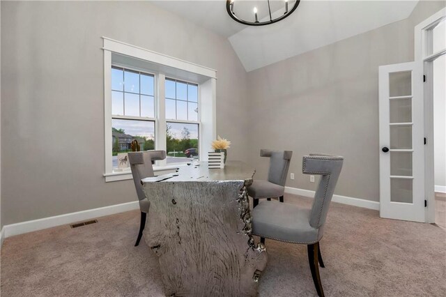 16388 S Brougham Dr, Olathe, KS 66062 - dining space with visible vents, vaulted ceiling, carpet floors, baseboards, and an inviting chandelier