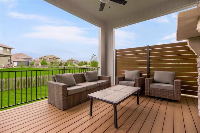 16388 S Brougham Dr, Olathe, KS 66062 - wooden deck featuring a residential view, a ceiling fan, a lawn, and an outdoor living space