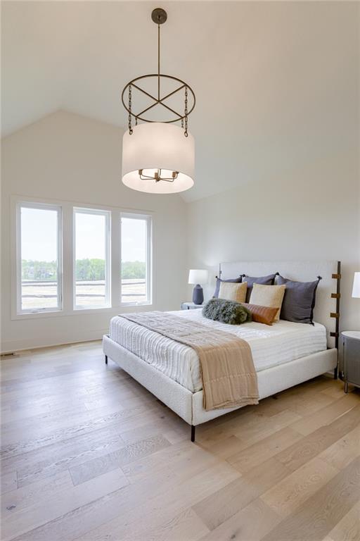 bedroom with lofted ceiling and light hardwood / wood-style flooring