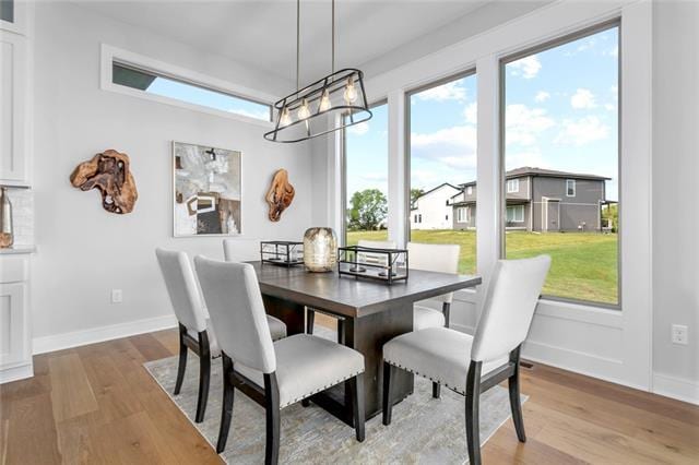 dining room featuring a notable chandelier, light wood-type flooring, and a healthy amount of sunlight