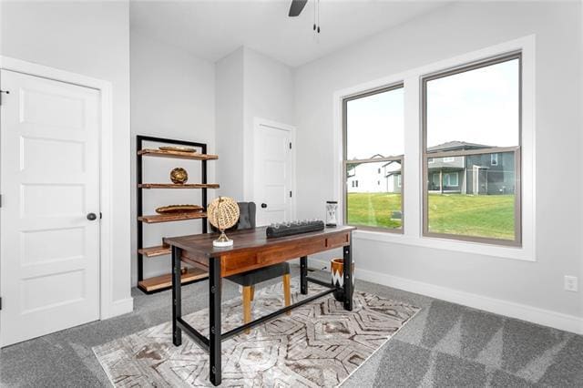 home office featuring ceiling fan and carpet