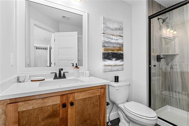 bathroom featuring toilet, walk in shower, and vanity