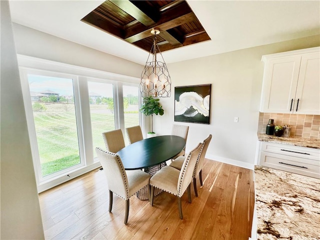 dining space with light hardwood / wood-style floors, beam ceiling, coffered ceiling, and wooden ceiling