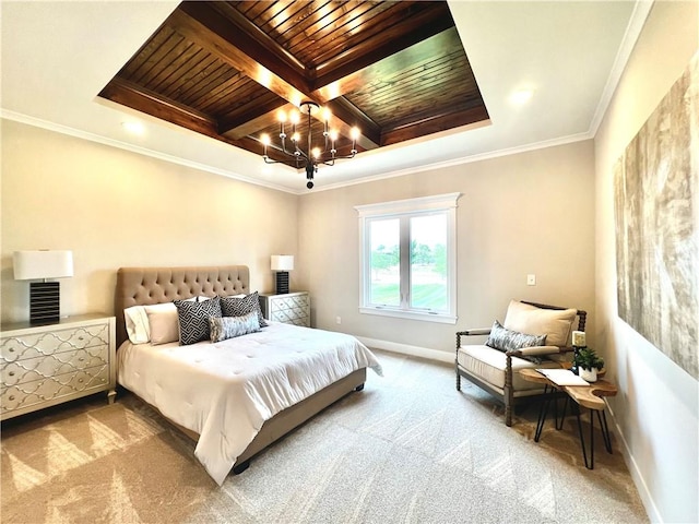 bedroom featuring crown molding, carpet flooring, wooden ceiling, and a notable chandelier