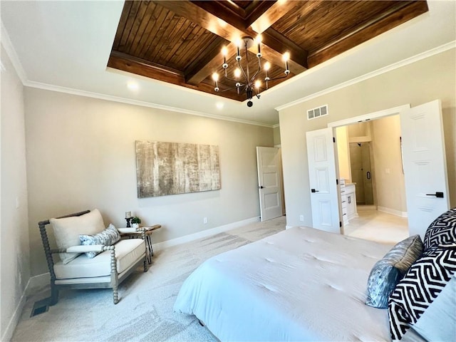 carpeted bedroom with ornamental molding, wooden ceiling, and a notable chandelier