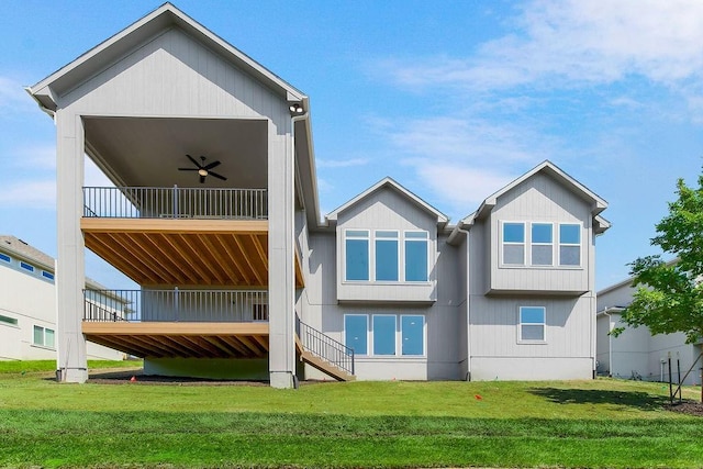 23217 W 124th Pl, Olathe, KS 66061 - rear view of property featuring a ceiling fan, a yard, stairs, a wooden deck, and a balcony