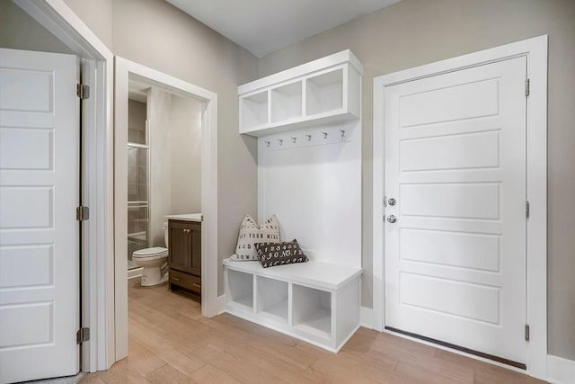 mudroom with light wood-style floors