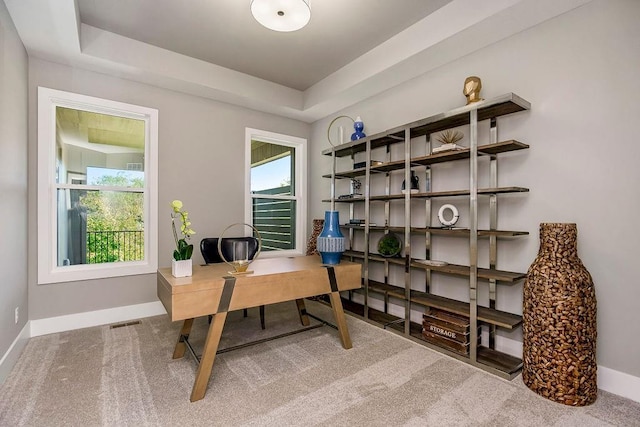 office with baseboards, a raised ceiling, visible vents, and plenty of natural light