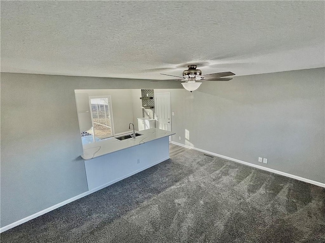 carpeted spare room featuring ceiling fan, a textured ceiling, and sink