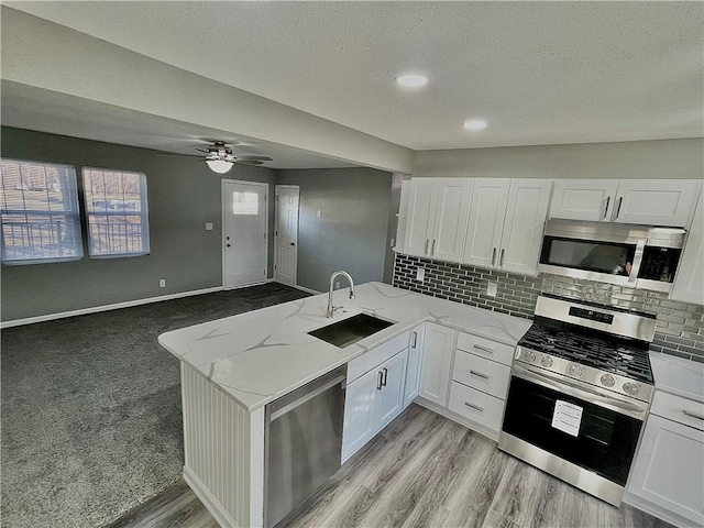 kitchen with ceiling fan, kitchen peninsula, light colored carpet, and appliances with stainless steel finishes