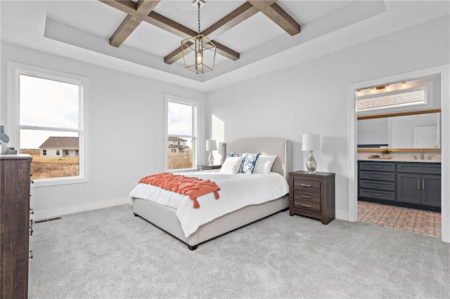 bedroom featuring coffered ceiling, light colored carpet, and multiple windows