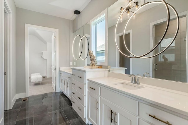 bathroom with large vanity and tile floors