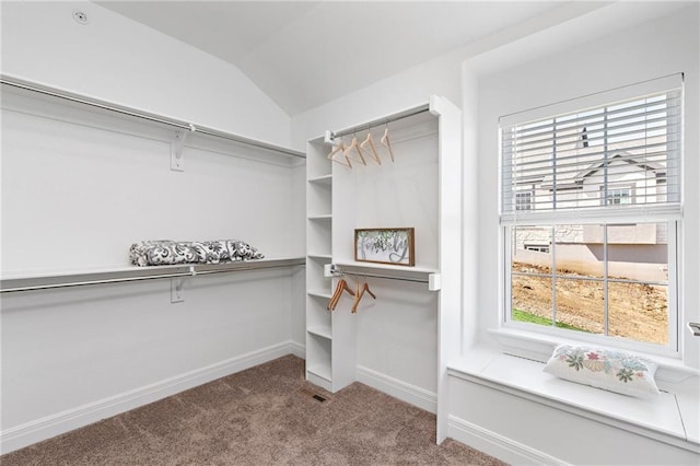 walk in closet with dark carpet and vaulted ceiling