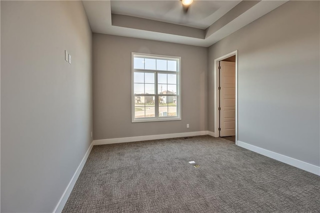 spare room featuring carpet and a tray ceiling