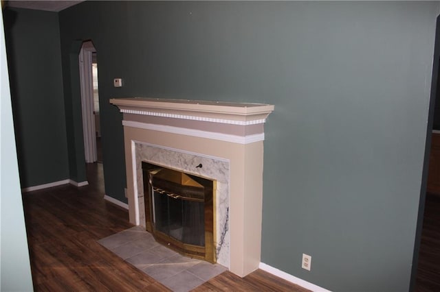 interior space with a premium fireplace and dark hardwood / wood-style flooring