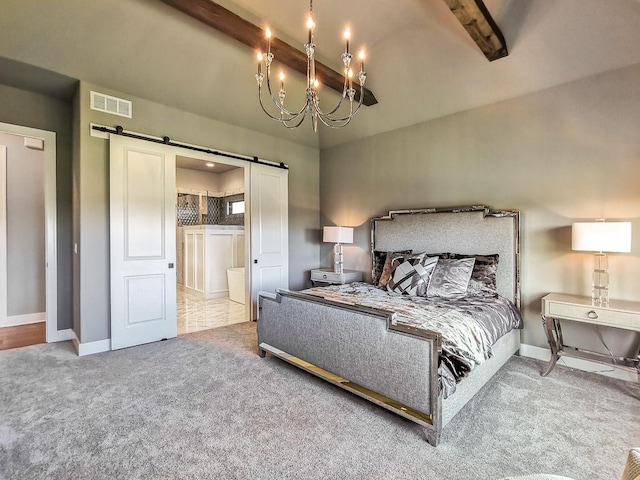 2908 NE 102nd St, Kansas City, MO 64155 - bedroom featuring an inviting chandelier, light carpet, beamed ceiling, a barn door, and ensuite bathroom