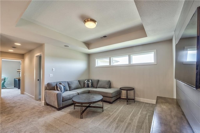 carpeted living room with a raised ceiling and a textured ceiling