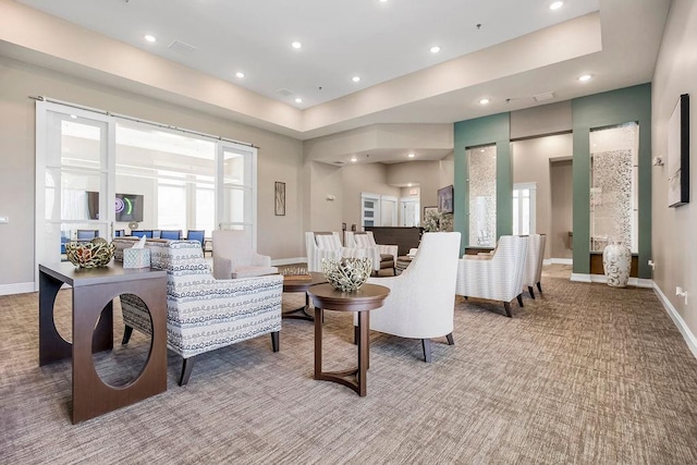 living room featuring carpet and a raised ceiling