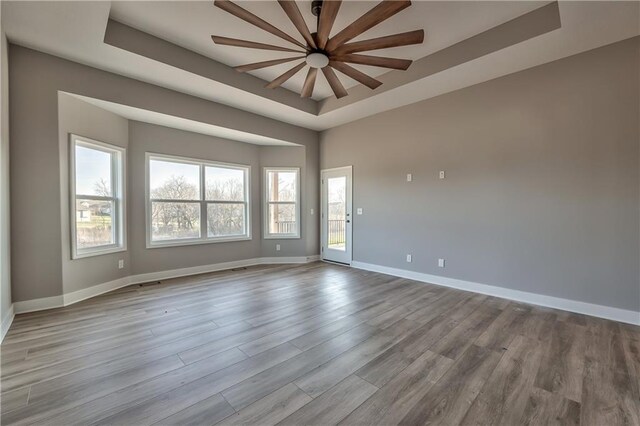 empty room with a raised ceiling and light hardwood / wood-style floors