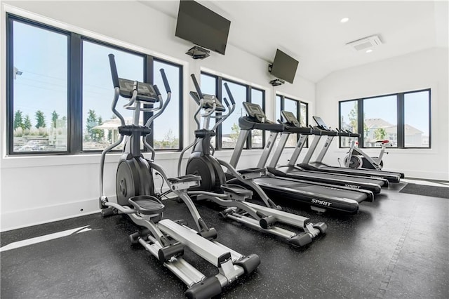 gym with vaulted ceiling and a wealth of natural light