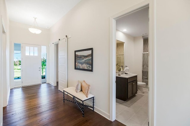 entryway featuring sink, light hardwood / wood-style flooring, and a barn door