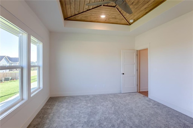 unfurnished room featuring a healthy amount of sunlight, a raised ceiling, and wood ceiling