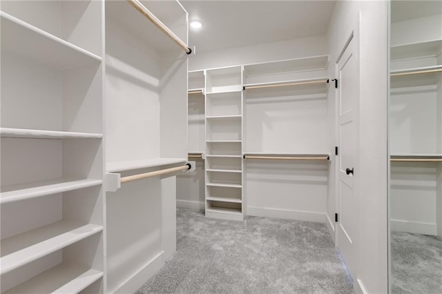 walk in closet featuring light carpet