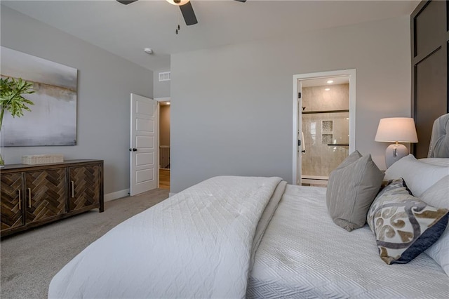 bedroom with connected bathroom, ceiling fan, and light colored carpet