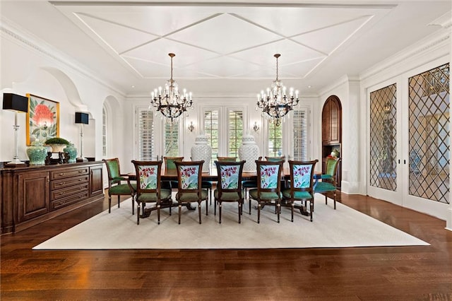 dining area with ornamental molding, french doors, and wood-type flooring