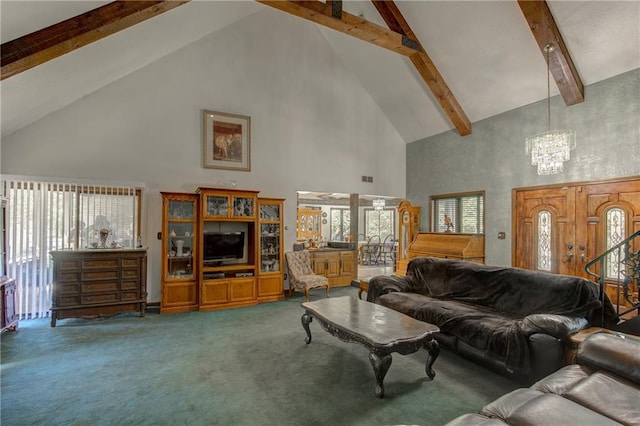 carpeted living room with plenty of natural light, high vaulted ceiling, beam ceiling, and a chandelier