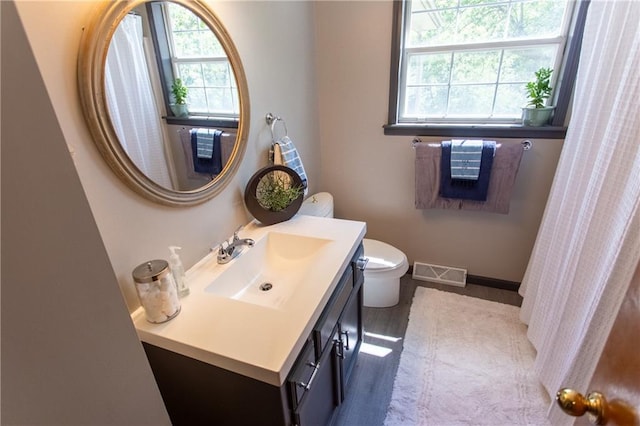 bathroom with toilet, large vanity, and plenty of natural light