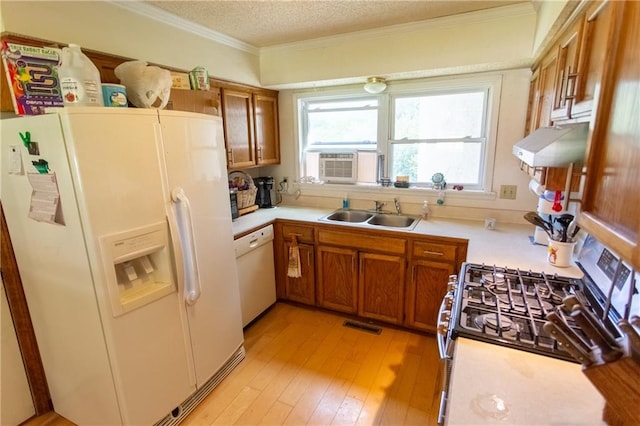 kitchen featuring white appliances, light hardwood / wood-style floors, sink, a textured ceiling, and crown molding